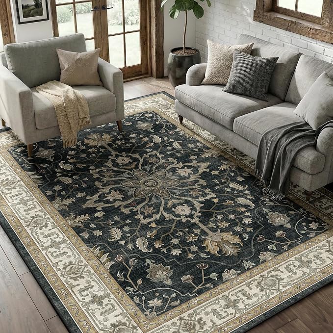 RELEANY Area Rugs 5'x8' Washable Non-Slip, Floral Vintage Distress Medallion by RELEANY