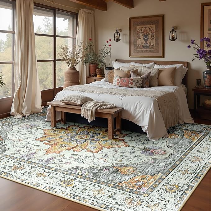 RELEANY Area Rugs 6'x8' Washable Non-Slip, Floral Vintage Distress Medallion by RELEANY