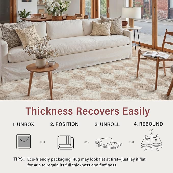 PureCozy Checkered Rug 9x12 Fluffy Shag Living Room Beige Area Rug Modern - Image 4