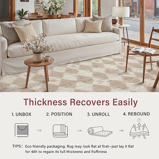 PureCozy Checkered Rug 6x9 Fluffy Shag Living Room Beige Area Rug Modern - Image 4
