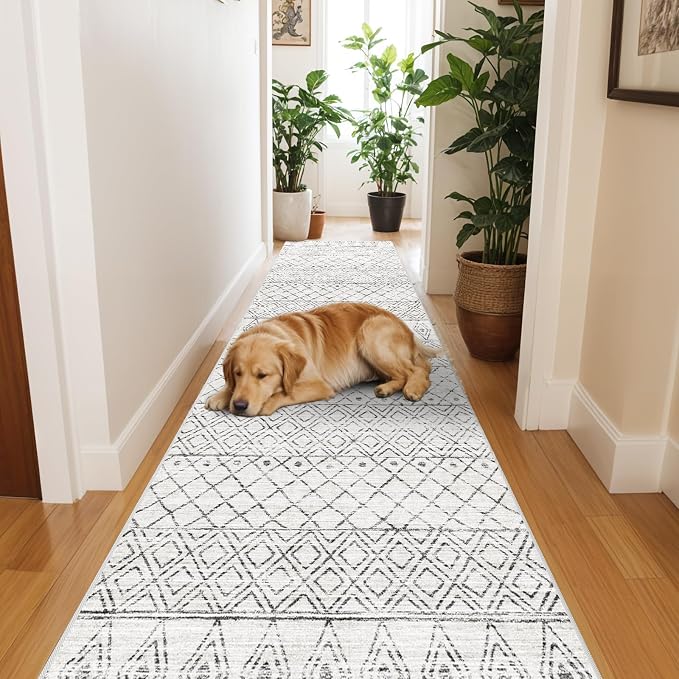 BVVYOO Hallway Runner Rug Moroccan 2'x6' Geo Grey | Washable, Non-slip Backing - Image 3