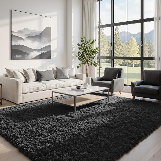 5x8 Area Rugs for Living Room: Soft Fluffy Shag Black Rugs for Bedroom - Image 2