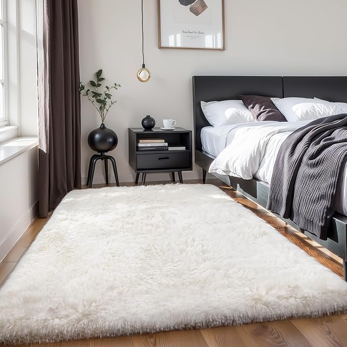 KICHOWUA Thick Area Rug 5x7 Cream White Fluffy Shag - Image 6