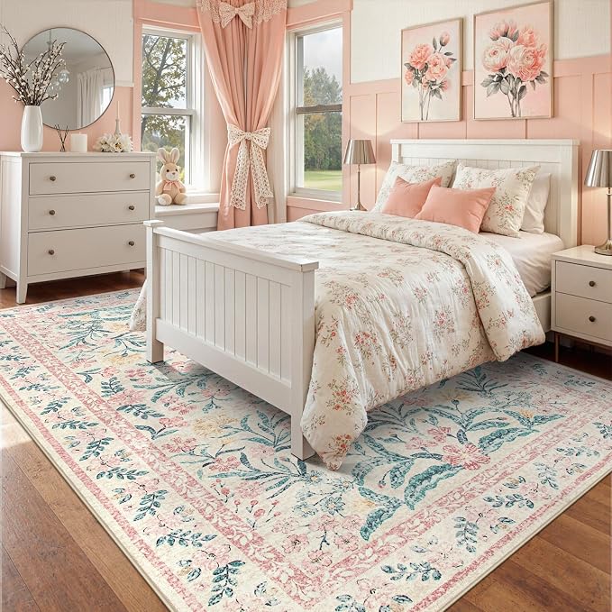 Wonnitar 8x10 Washbale Rugs for Living Room, Boho Pink Room Decor for Girls - Image 4