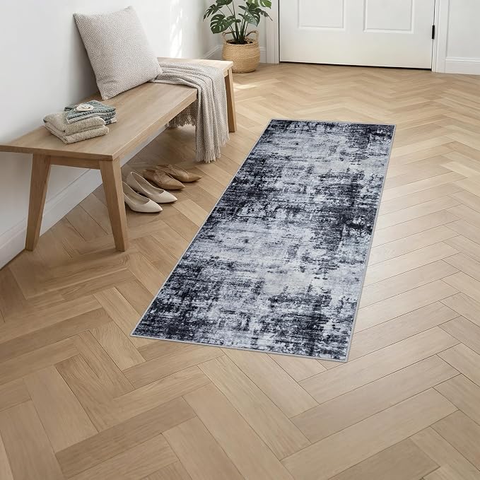 2'x5'Runner Rug Washable Rug: Modern Abstract Soft Thin Runner Rug Dark Black - Image 3