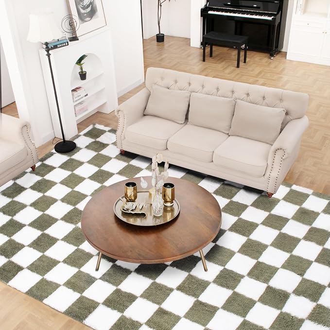 Super Soft Rug for Bedroom, 6x9 Ft Green and White Area Rug Classic Checkered - Image 2