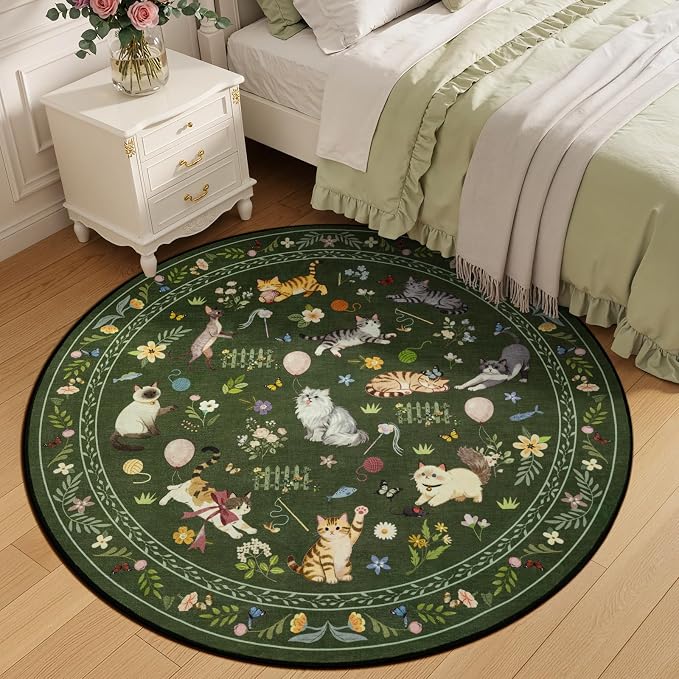 Unirea 4x4 Dark Green Cat Round Area Rugs, Washable Soft Non Slip Circle Rug - Image 7