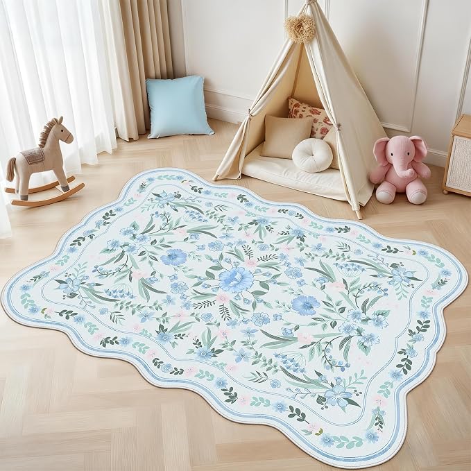 Blue Floral Rug 4x6 for Girls Bedroom or Nursery, Scalloped Washable Non-Slip - Image 3