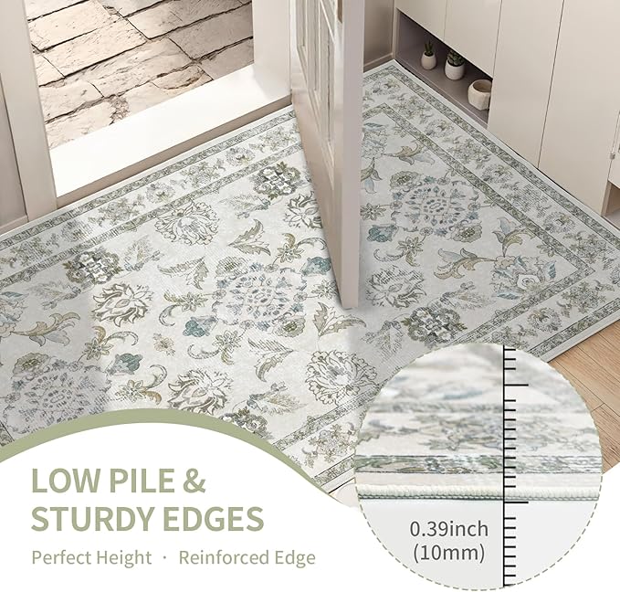 6x9 Washable Area Rugs Beige and Sage Green Vintage Boho Floral Farmhouse Rug - Image 5