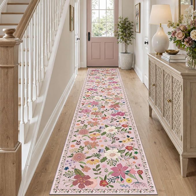 Latte&Fog Pink Hallway Runner Rug 2x10, Non Slip Washable Floral Runner Rugs - Image 3