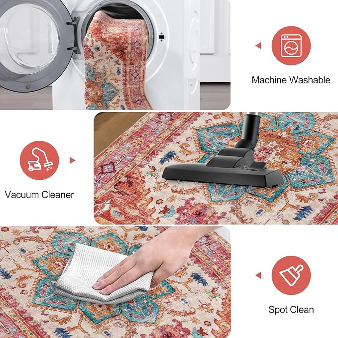 Yamaziot Washable Area Rug, 4x6 Non-Slip Boho Vintage Living Room Bedroom Rug - Image 5
