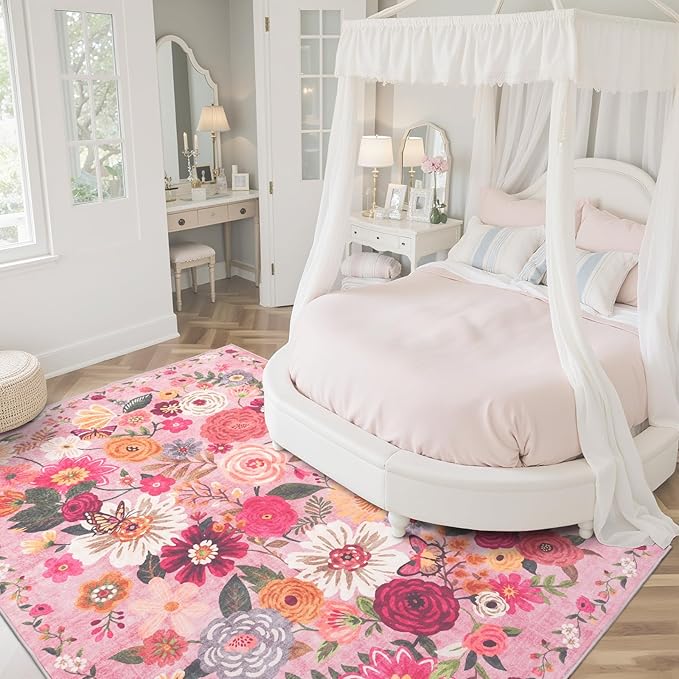 Pink Floral Bedroom Rug 5x7, Non-Slip Washable Area Rug - Image 2