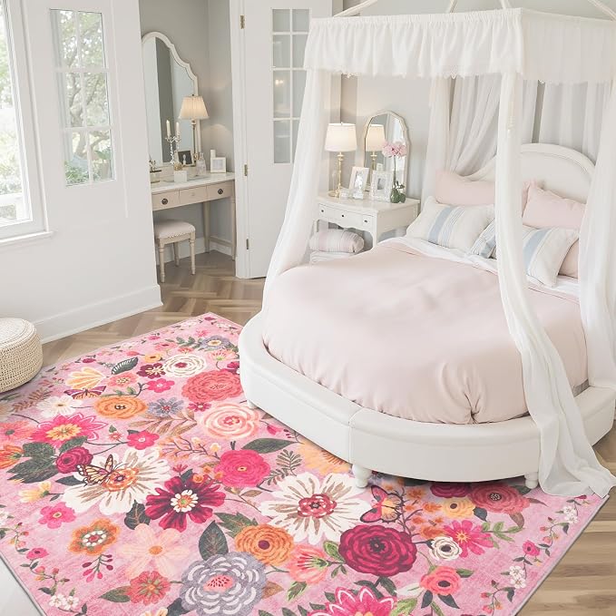 Pink Floral Bedroom Rug 4x6, Non-Slip Washable Rugs - Image 6