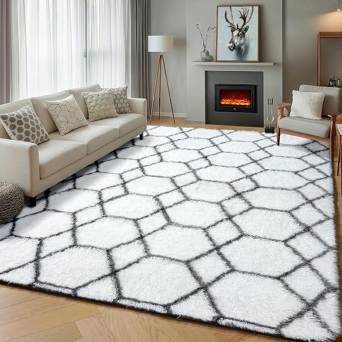 ONASAR Area Rugs for Living Room, 5x8 Fluffy White and Grey Rug for Bedroom by ONASAR