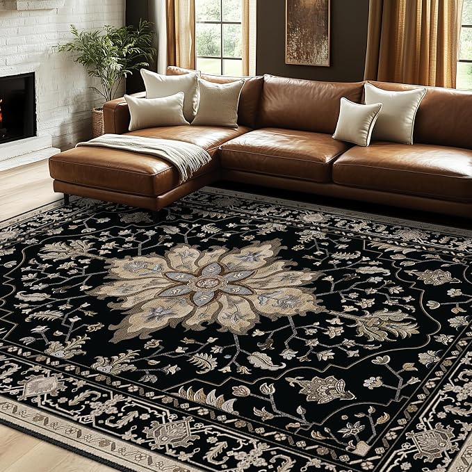 RELEANY Area Rugs 7'x9' Washable Non-Slip, Floral Vintage Distress Medallion - Image 3