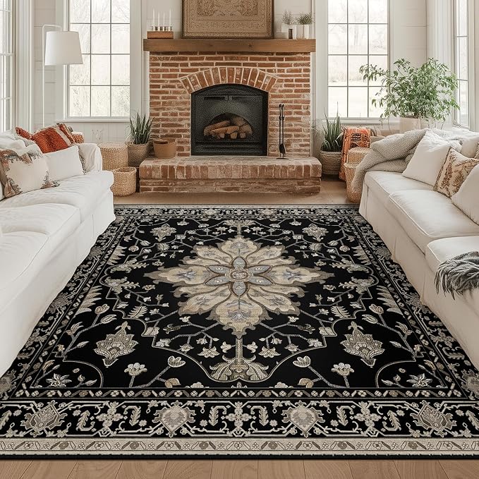 RELEANY Area Rugs Square 8ft Washable Non-Slip, Floral Vintage Distress by RELEANY