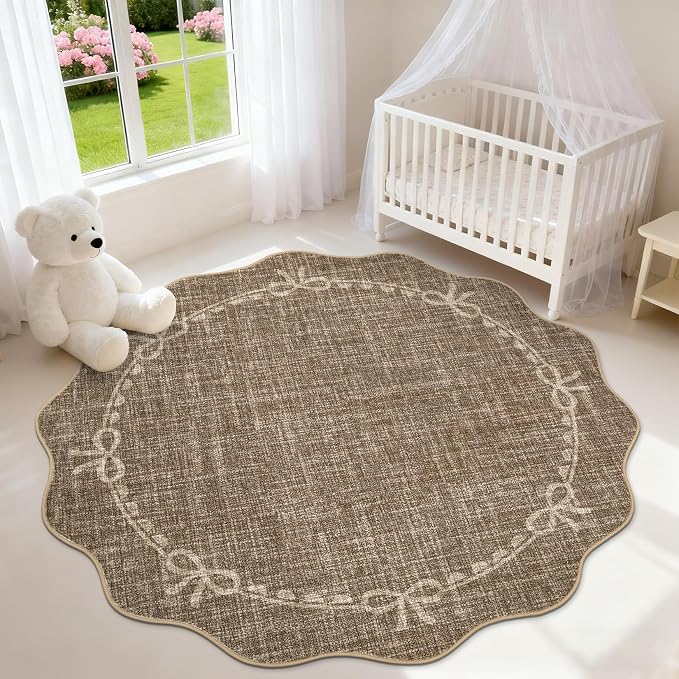 GarveeHome Scalloped Bow Rug for Living Room, 5ft Round Rugs Washable Solid by GarveeHome