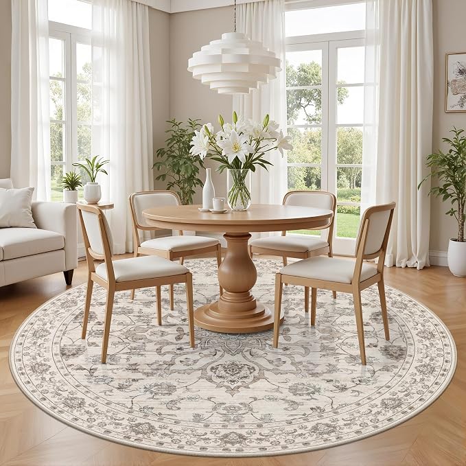 Round Area Rug for Living Room: 4 ft Washable Vintage Boho Soft Thin Circle Rug - Image 3