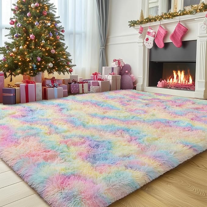 WISH TREE 8x10 Fluffy Rainbow Rug by WISHTREE