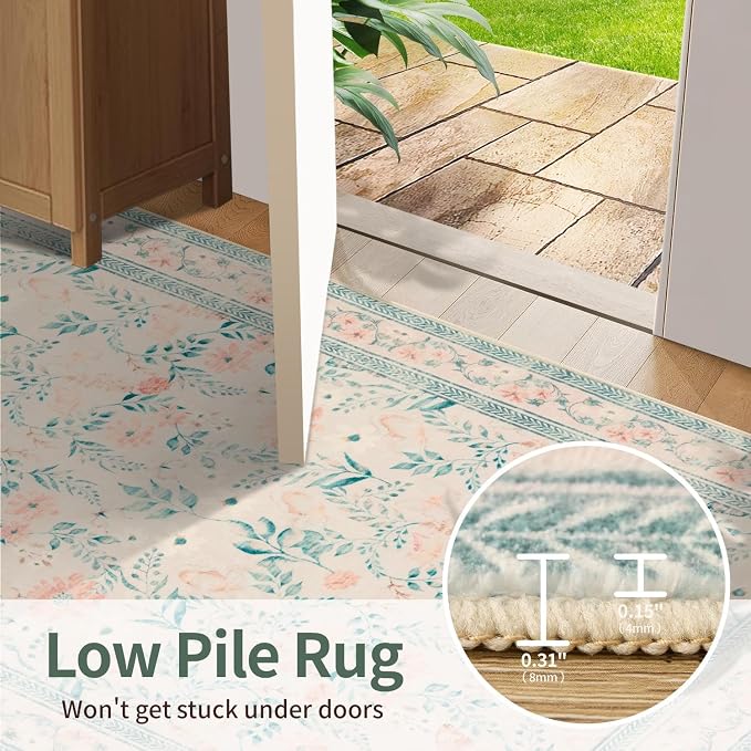 Rugxara Pink Floral 5x7 Washable Area Rug, Vintage Boho Non Slip, Low Pile Rugs - Image 7
