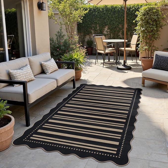 Striped Easy Jute 4x6 Outdoor Patio Rug, Washable Indoor Outdoor Black Kitchen - Image 3