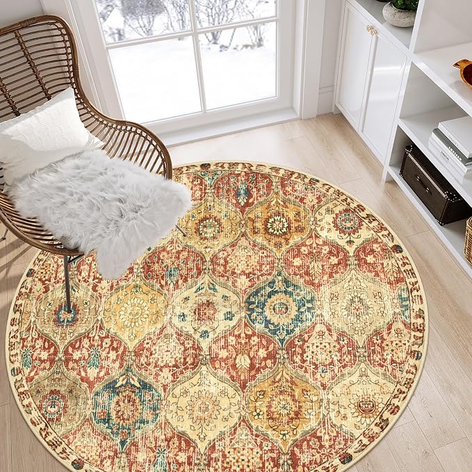 Lahome Moroccan Trellis Washable Round Area Rug, Round Rug 5ft Soft Non-Slip by Lahome