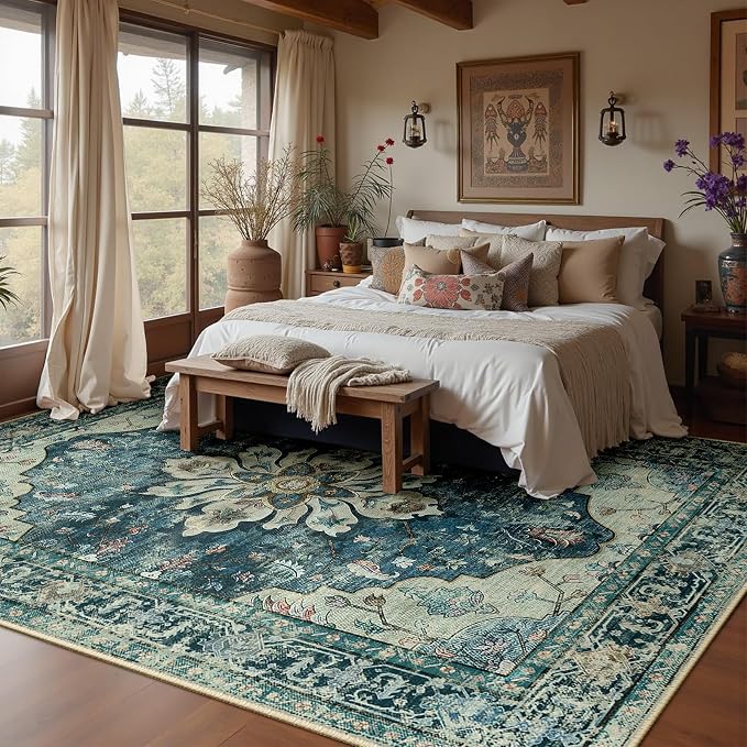 RELEANY Area Rugs Large 10'x12' Washable Non-Slip, Floral Vintage Distress - Image 2