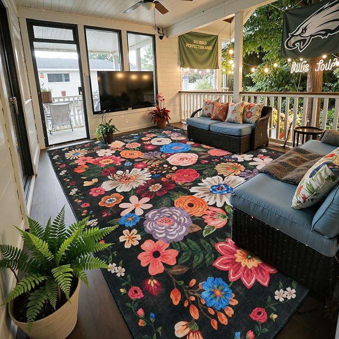 Washable Area Rug 8x10 Espresso, Large Soft Floral Carpet by WelcometoBabovid
