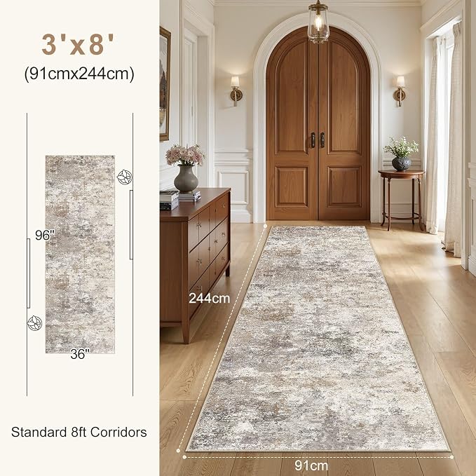 UERMEI 3x8 Washable Runner Rug for Hallway, Non Slip Low Pile Kitchen Carpet - Image 3