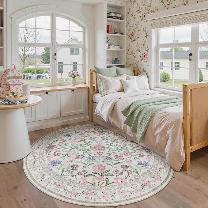 Wonnitar Floral Washable Round Rugs 6ft, Ultra-Thin Non Slip Boho Carpet - Image 2