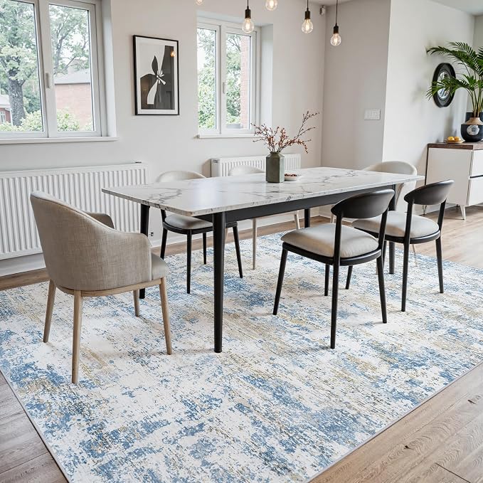 Area Rug 9x12 Living Room Rug Washable: No-Slip Abstract Soft Thin Large Blue - Image 5