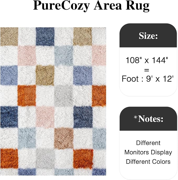 PureCozy Checkered Rug 9x12 for Living Room, Modern Rainbown Shag Rug Washable - Image 3