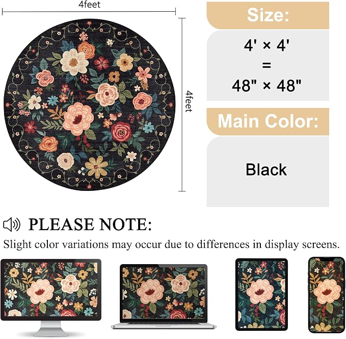 DUKINO Floral Round Rug, 4ft Washable Round Area Rug, Non Slip Indoor Low Pile - Image 2