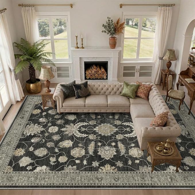 8x10 Area Rug for Living Room-Vintage Farmhouse Boho Floral Washable Stain - Image 6