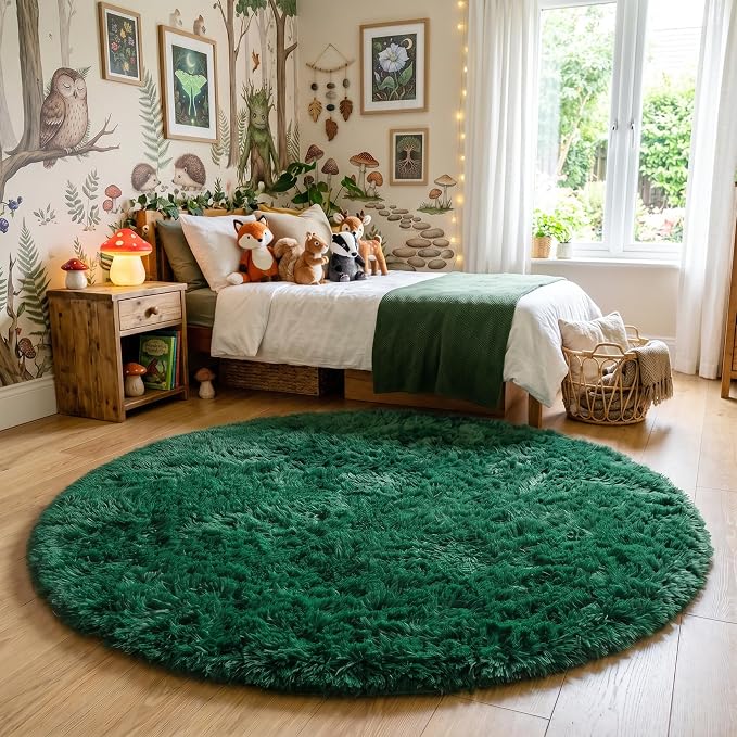 Amdrebio Dark Green Fluffy Round Rugs 5Ft - Image 5