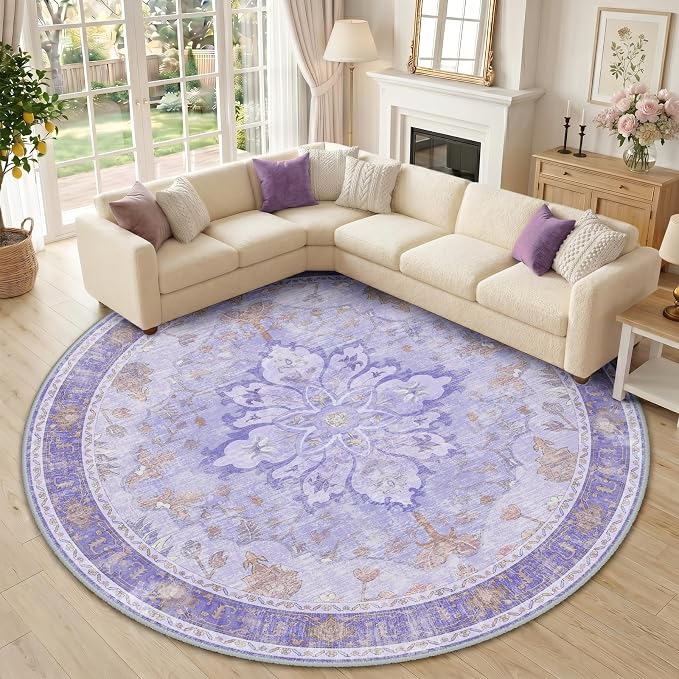 RELEANY Area Rugs Round 10ft Washable Non-Slip, Floral Vintage Distress by RELEANY
