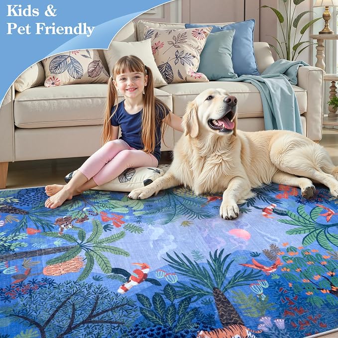 LIVEBOX Washable Jungle Animal Print 5x7 Blue Rug - Image 4