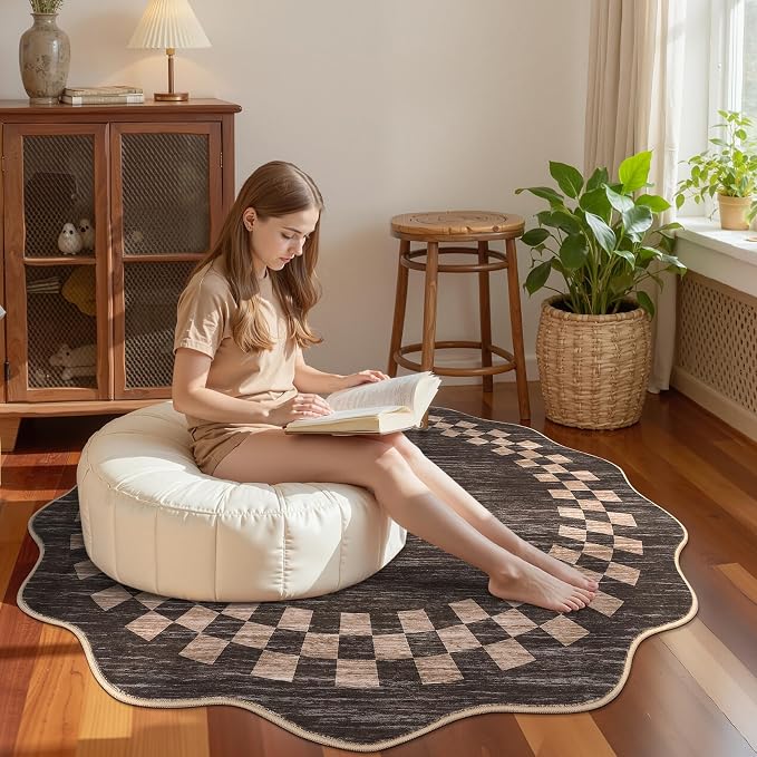 GarveeHome Scalloped Round Rug 4ft Modern Solid Color Circle Rugs Non Slip Low - Image 2