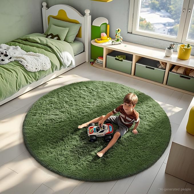 Ophanie Round Rug 6Ft Grey Green Circle Area Rug, Fluffy Fuzzy Bedroom Carpet - Image 3
