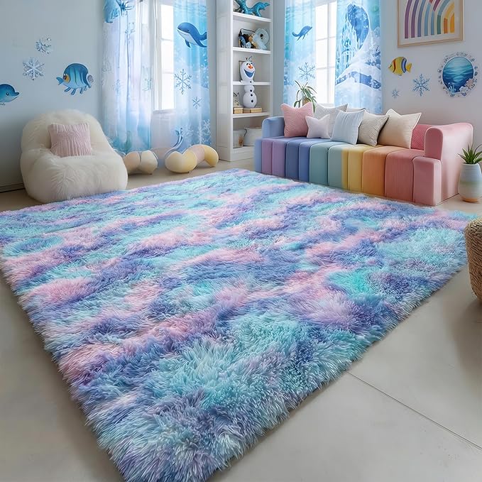 Amdrebio Blue Purple Rainbow Mermaid Rugs 6x9 - Image 3
