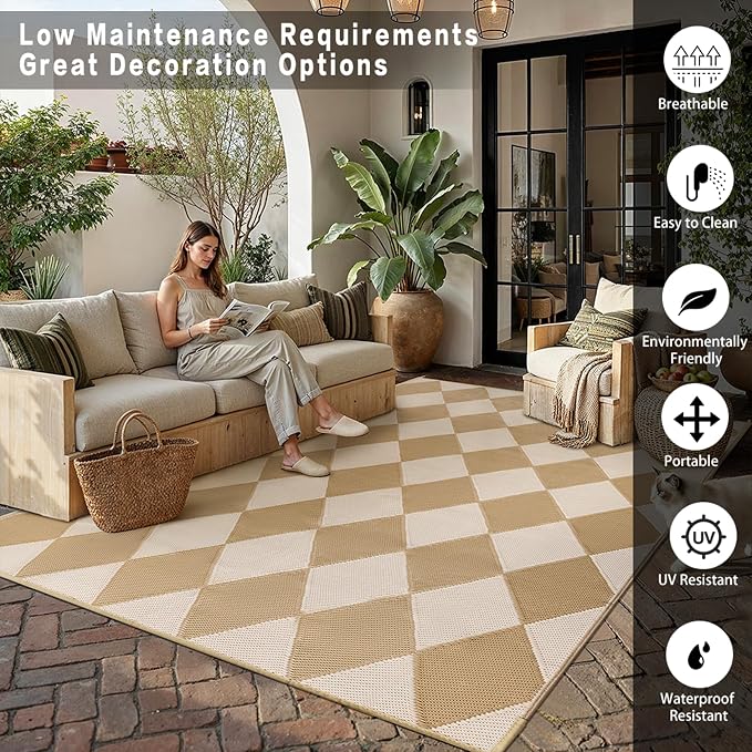 Outdoor Plastic Checkered Rug Waterproof Patio 6x9 Beige Brown Diamond Geometry - Image 4