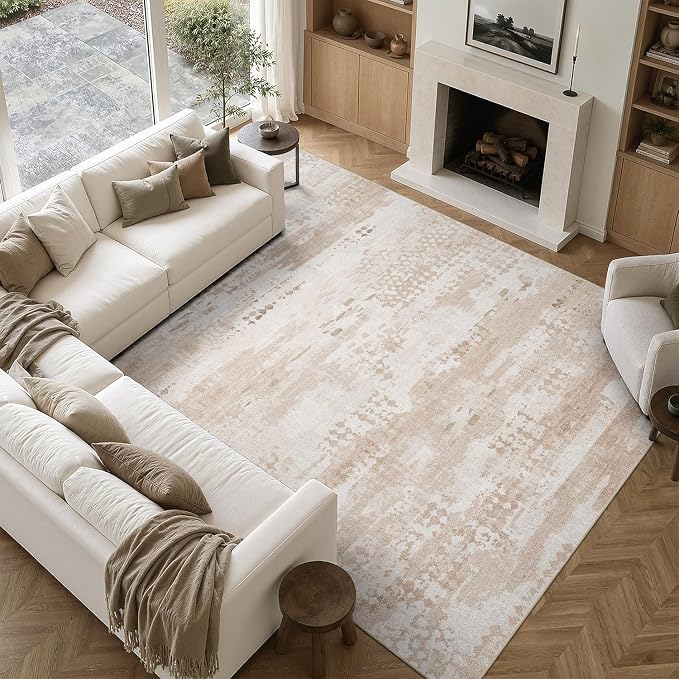 DCX Abstract Area Rug 6x9, Washable Beige Brown Modern Rug - Image 3