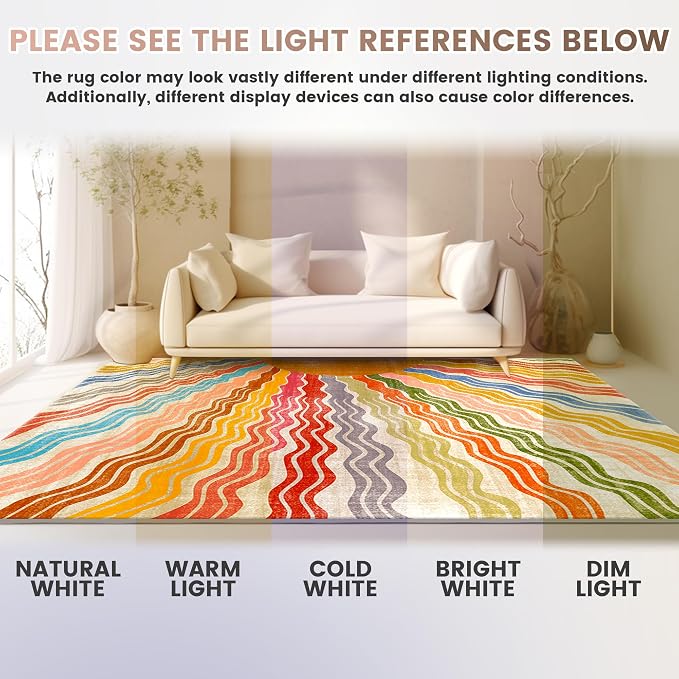 Washable 9x12 Sun Area Rug for Living Room, Rainbow Sun Modern Retro Large Area - Image 8