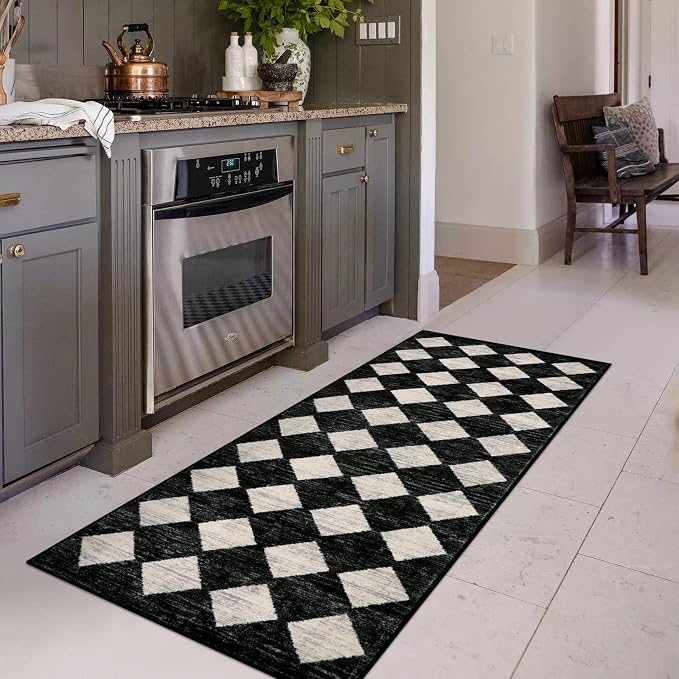 Checkered Kitchen Runner Rug 2x6 Black, Non Slip Washable Hallway Bathroom - Image 2