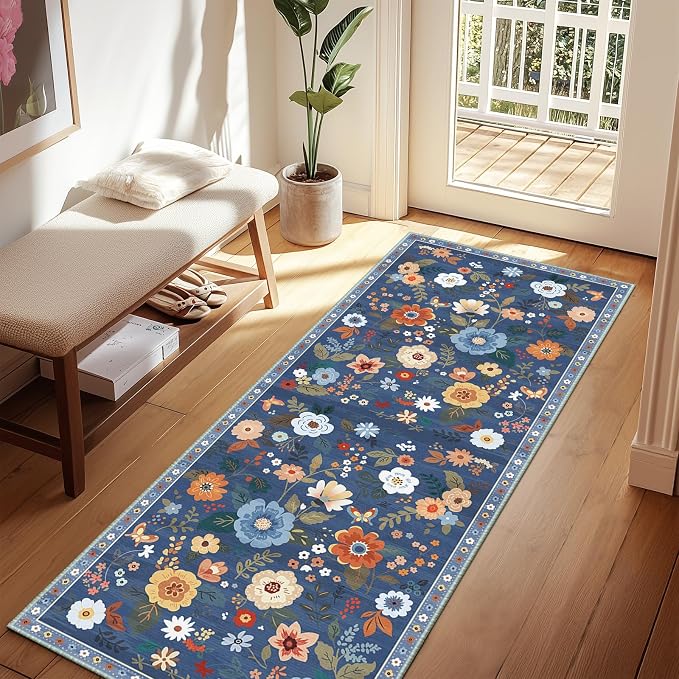 RELEANY Floral 2x6 Area Rugs Washable Print Boho Cute Carpet Non Slip Flower by RELEANY