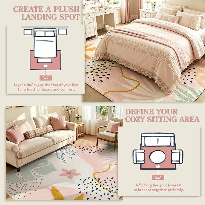 Lahome Pink Boho Nursery Rug 4x6, Washable Non Slip Soft Botanical Area Rug - Image 7