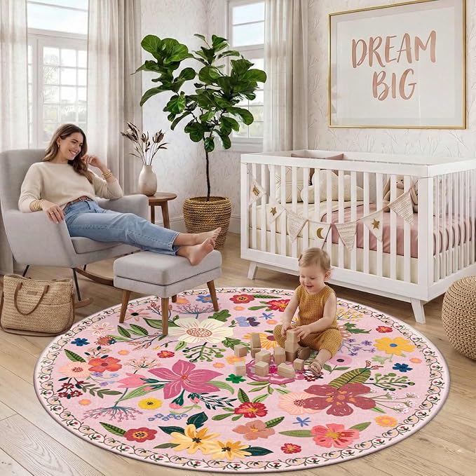 Latte&Fog Pink Floral Round Area Rug 6ft, Washable Vintage Circle Floral Rug by LatteFog