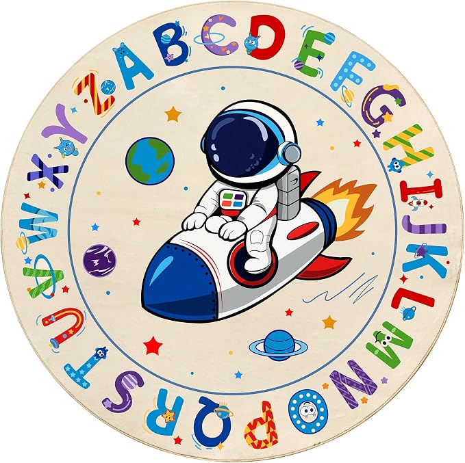 Astronaut Space Kids Round Rug 5ft, Washable Alphabet ABC Circle Carpet - Image 2