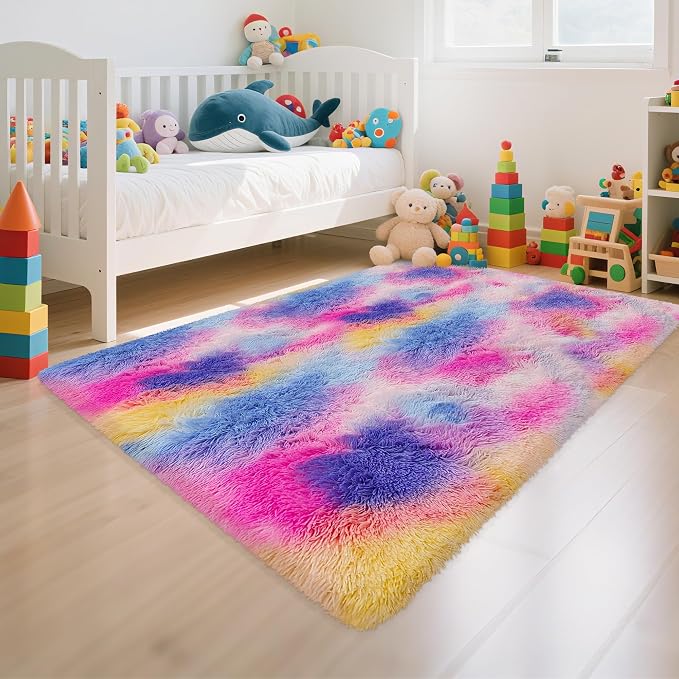 Rainbow Area Rugs 3x5 ft, Tie-Dyed Unicorn Fluffy Fuzzy Shaggy Carpet Soft - Image 3