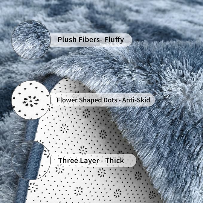 FlyDOIT Large Area Rugs for Living Room, 5x8 Feet Tie-Dyed Blue Grey Shaggy Rug - Image 6